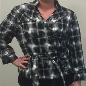 LARRY Levine peplum black and cream double breasted plaid belted blazer size 14